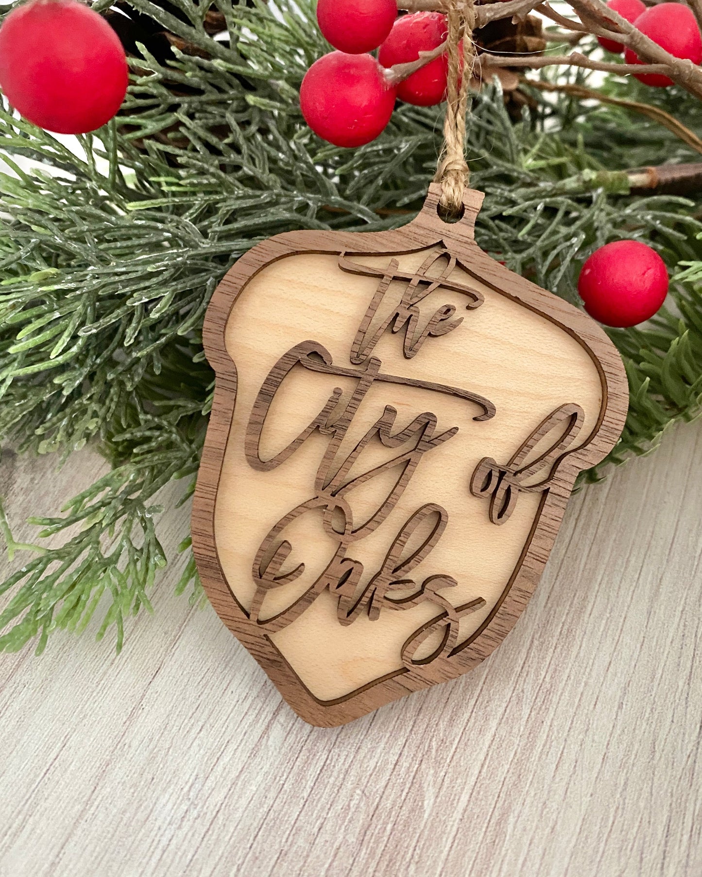 City of Oaks acorn layered ornament