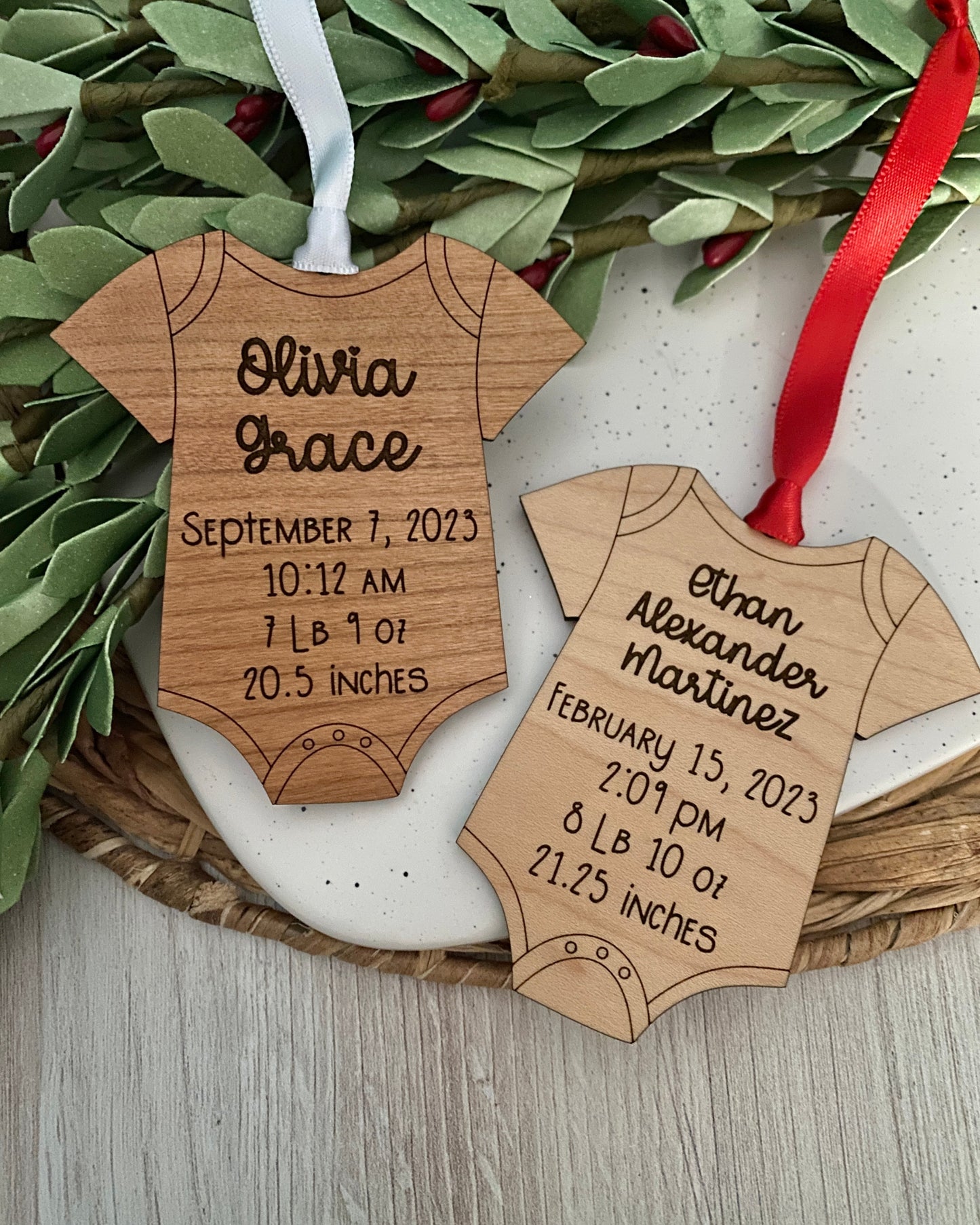 Baby's First Christmas custom onesie wood ornament