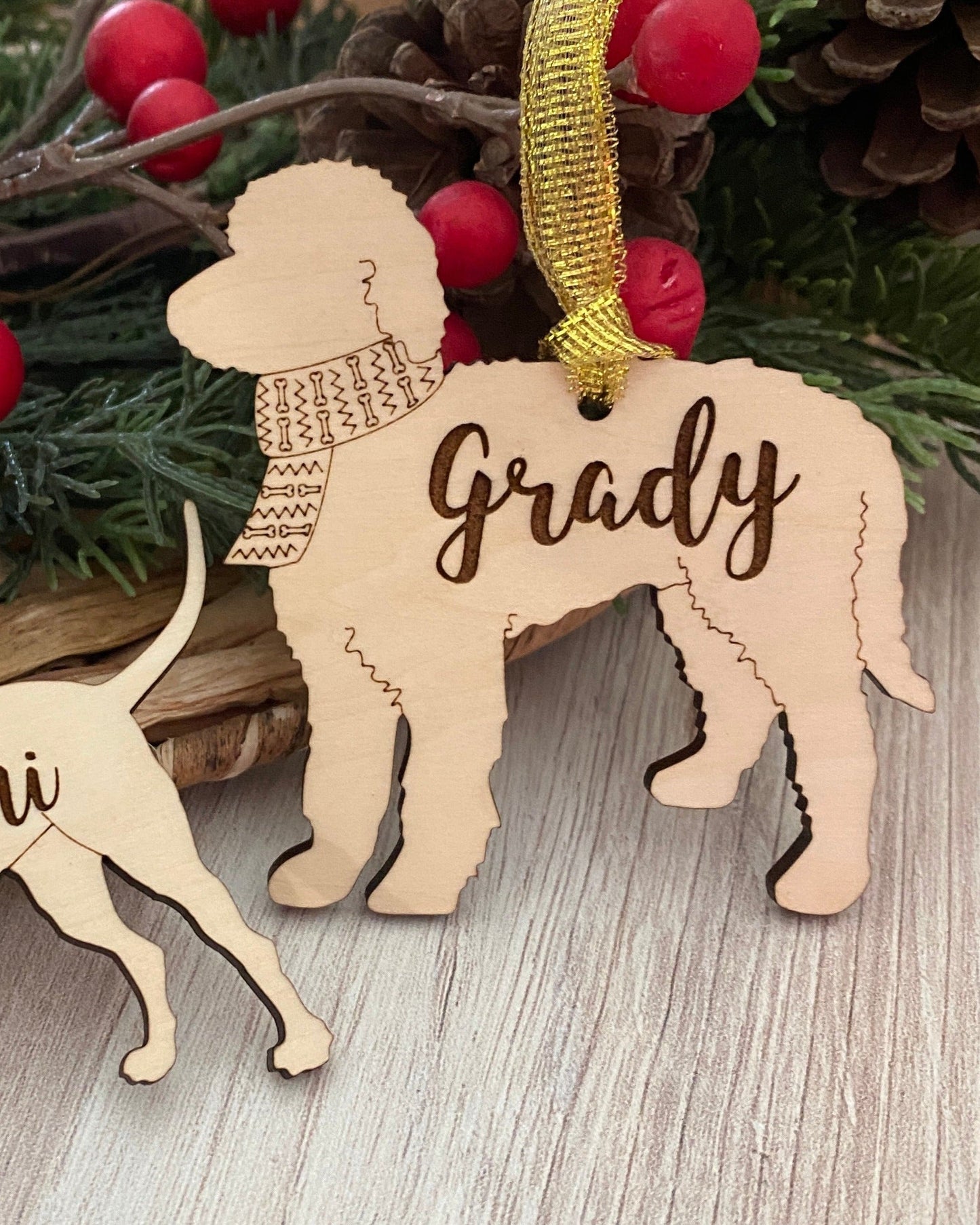 Personalized dog breed wood ornament