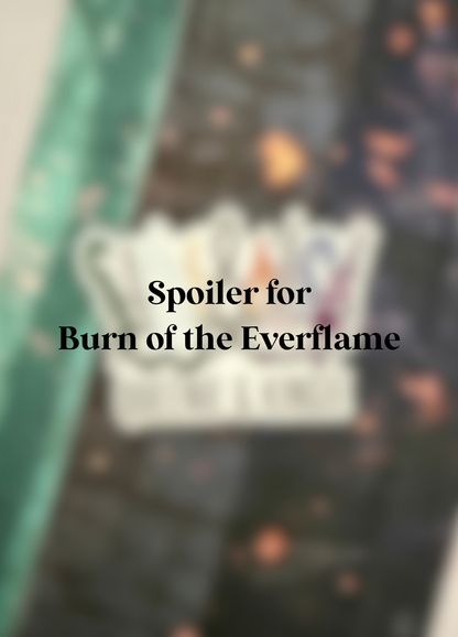 a blurred out image in greens, blues with sparks of orange, with the text 'spoiler for burn of the everflame'