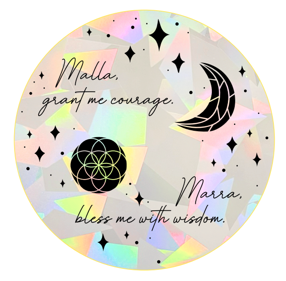 Decorative circular suncatcher design inspired by The Road of Bones by Demi Winters with text 'Malla grant me courage. Marra bless me with wisdom' and moon and stars symbols on a white background.
