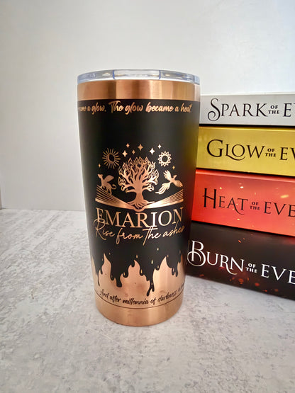 Black and copper 20 oz Emarion tumbler engraved with the Everflame tree and "Rise from the ashes," beside the Kindred's Curse Saga series by Penn Cole