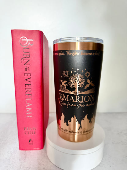 Black and copper 20 oz Emarion tumbler engraved with the Everflame tree and "Rise from the ashes," beside the Everflame series
