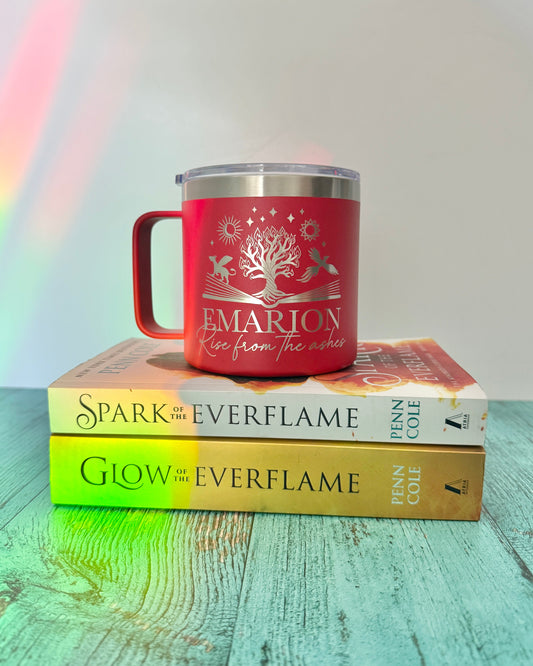 Red mug inspired by the Kindred's Curse Saga with 'Emarion' and 'rise from the ashes' on top of two books titled 'Spark of the Everflame' and 'Glow of the Everflame'.