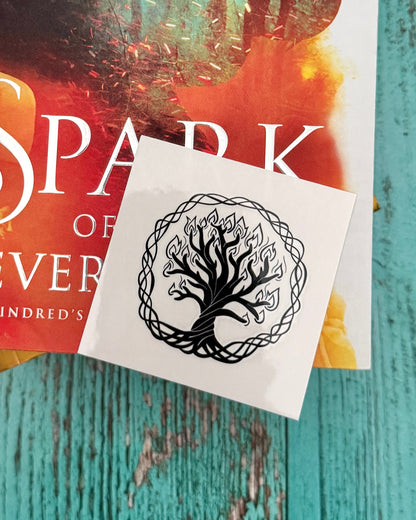 Temporary tattoo of the burning Everflame tree encircled in vines from The Kindred's Curse Saga by Penn Cole