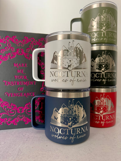 Four insulated mugs with 'Nocturna' wolves of ruin and castle design on a white surface with Dire Bound book in background.
