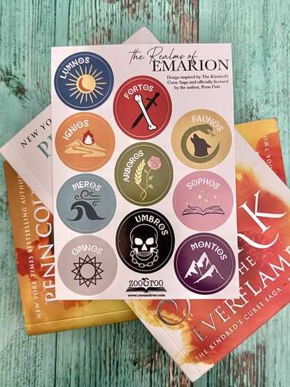 Sticker sheet featuring the realms of Emarion from The Kindred's Curse Saga by Penn Cole