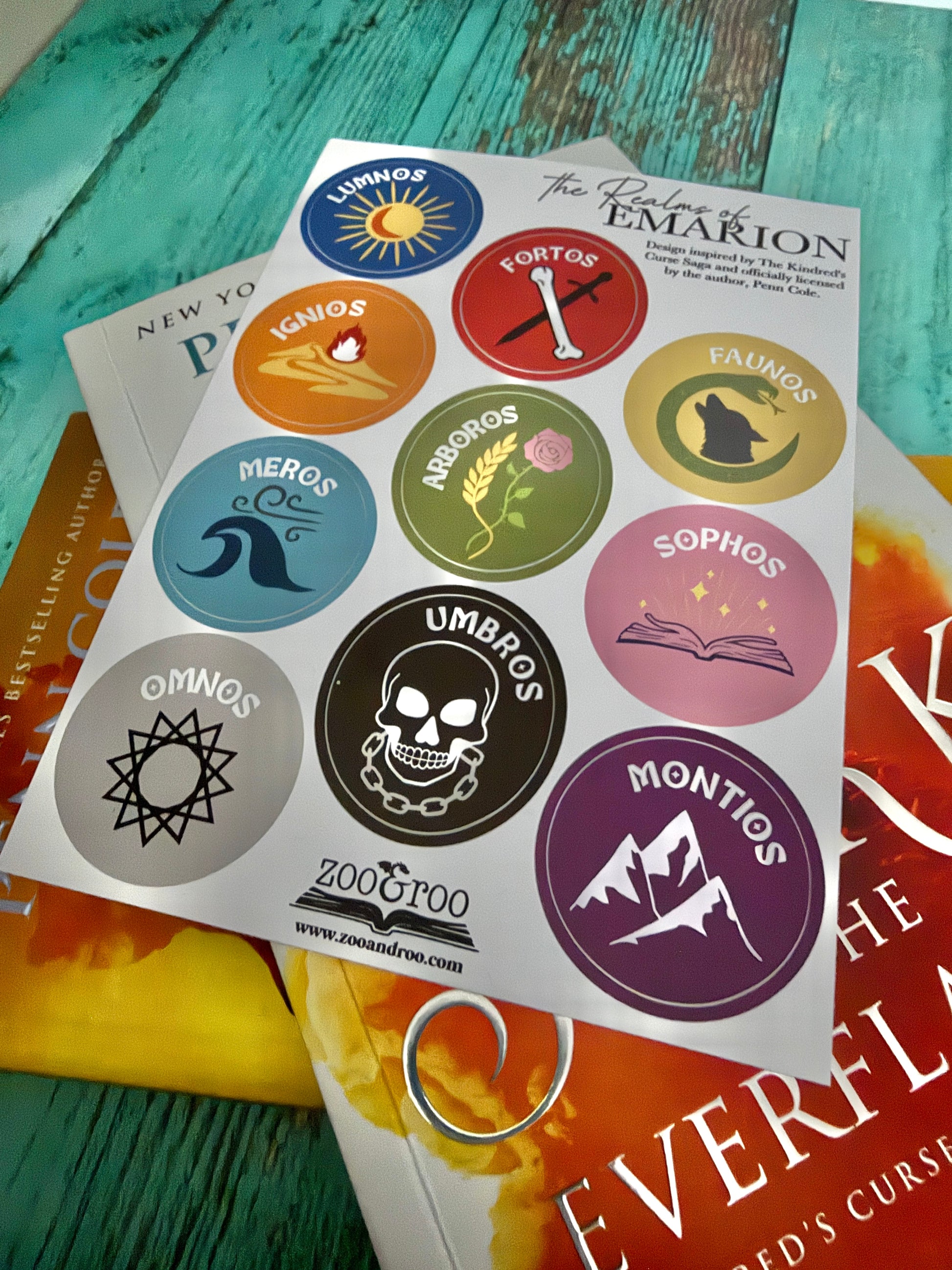 Sticker sheet featuring the realms of Emarion from The Kindred's Curse Saga by Penn Cole