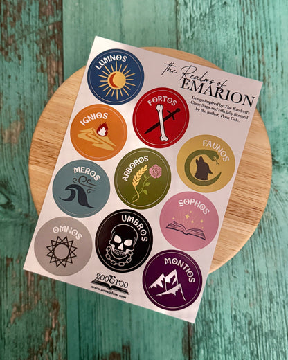 Sticker sheet featuring the realms of Emarion from The Kindred's Curse Saga by Penn Cole