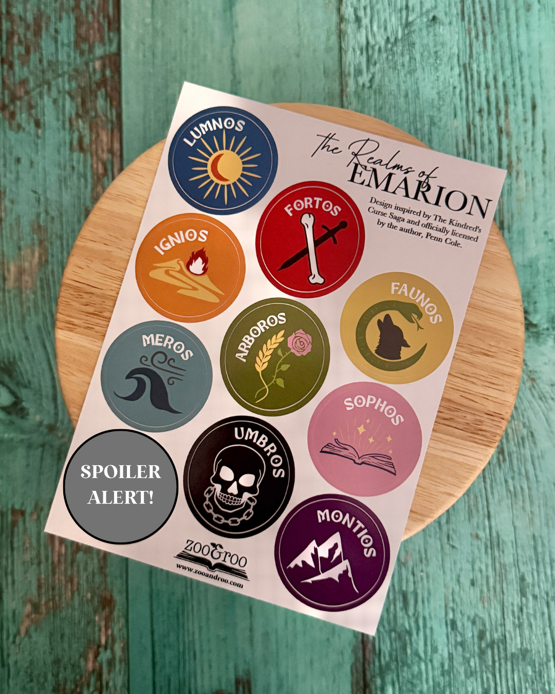 Sticker sheet featuring the realms of Emarion from The Kindred's Curse Saga by Penn Cole