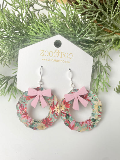 Vintage Poinsettia Wreath Earrings with Bow