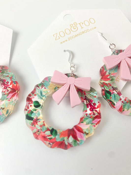 Vintage Poinsettia Wreath Earrings with Bow