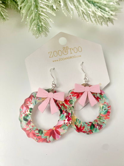 Vintage Poinsettia Wreath Earrings with Bow