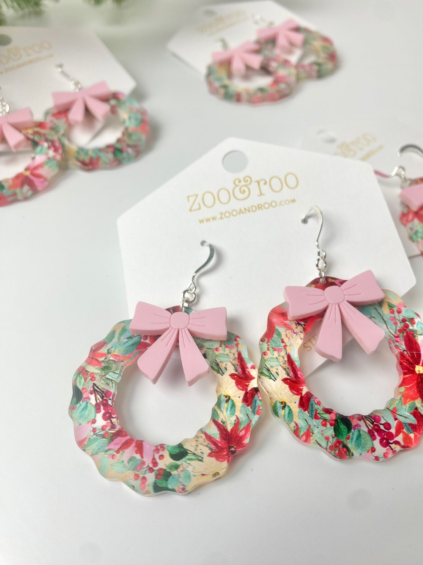 Vintage Poinsettia Wreath Earrings with Bow