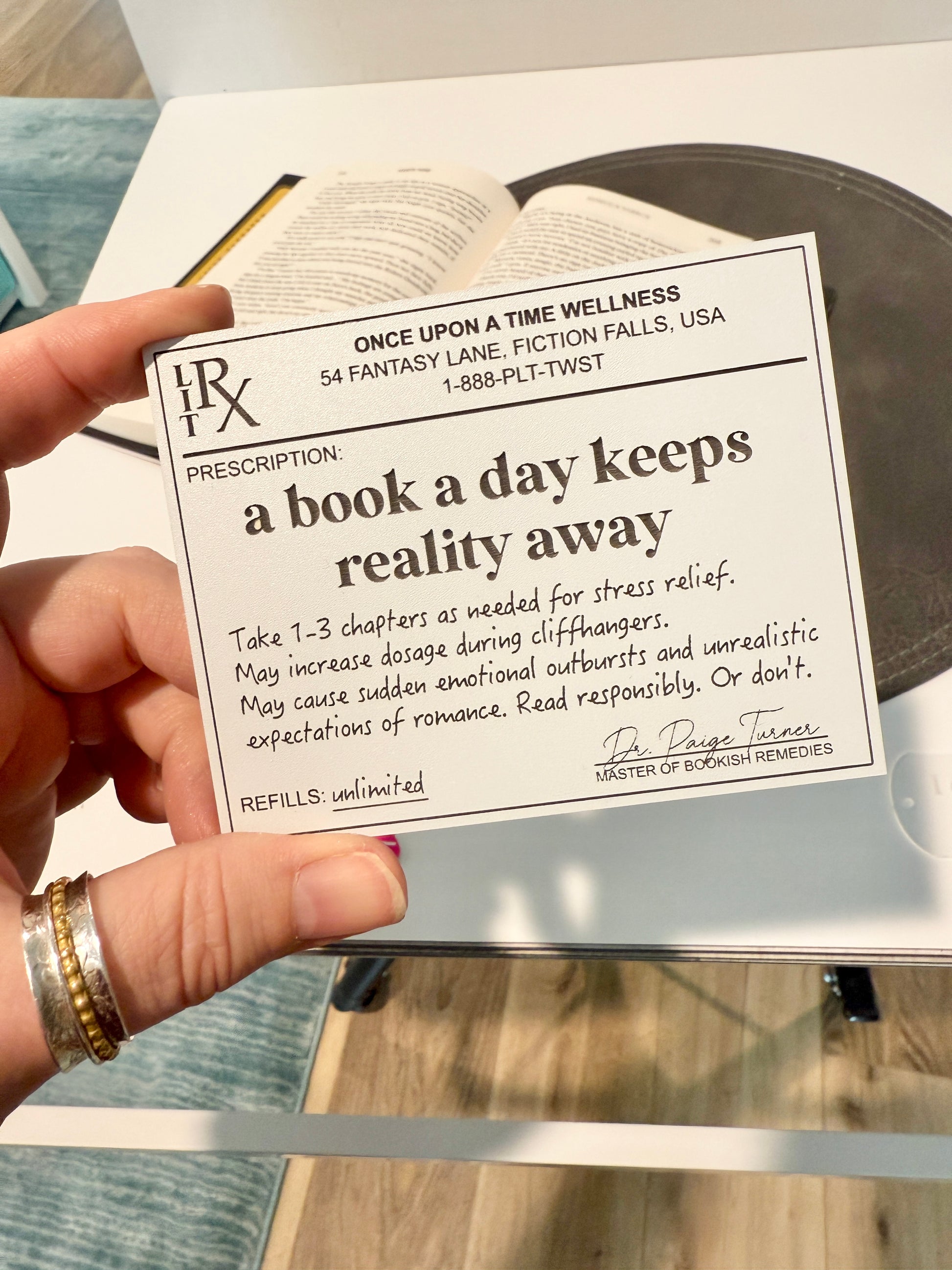 A book a day keeps reality away prescription bookmark