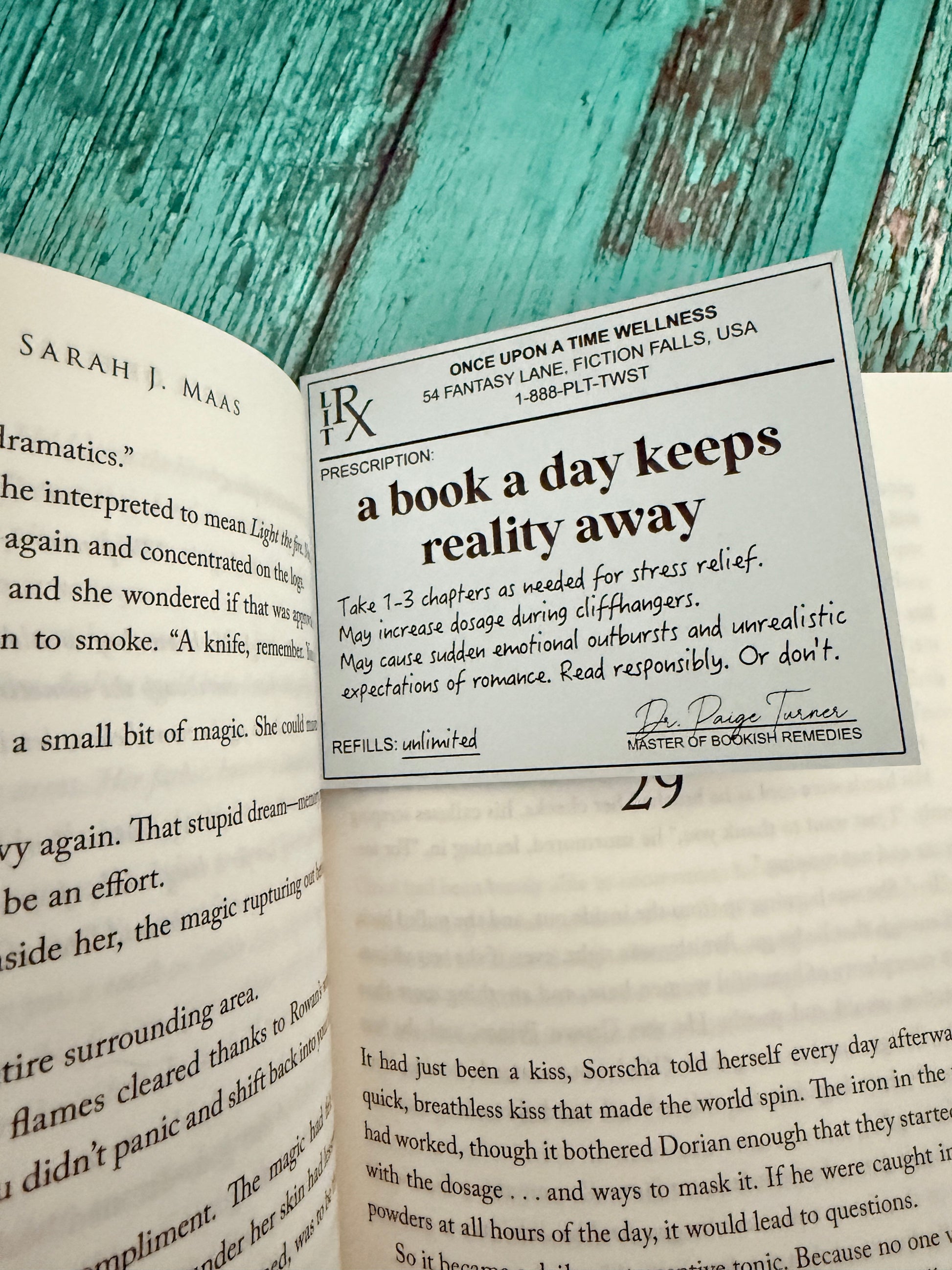 A book a day keeps reality away prescription bookmark