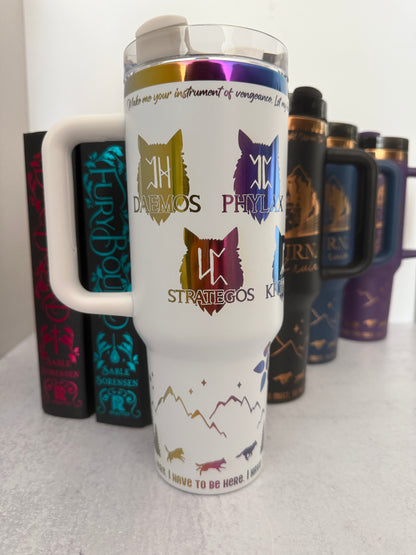White 40 oz Dire Bound inspired tumbler with rainbow-engraved wolf pack symbols for Daemos, Phylax, Strategos and Kryptos
