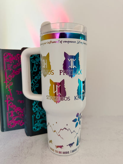 White 40 oz Dire Bound inspired tumbler with rainbow-engraved wolf pack symbols for Daemos, Phylax, Strategos and Kryptos