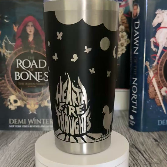Hearthfire Thoughts tumbler design inspired by Demi Winters' Road of Bones books