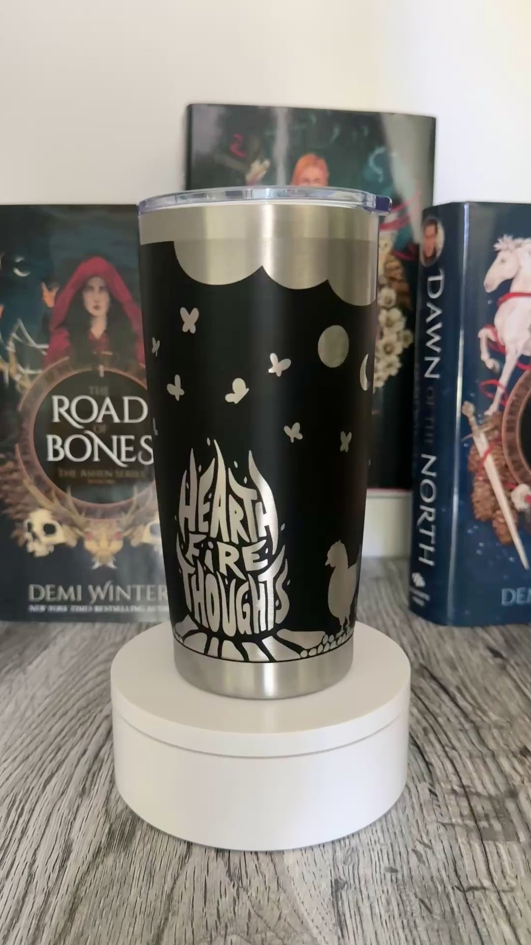 Hearthfire Thoughts tumbler design inspired by Demi Winters' Road of Bones books