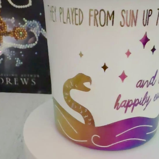 An Ever King themed white tumbler with rainbow engraved details: 'they played from sun up to sun down, and lived happily ever after' and 'ruin me, destroy me, as long as I have you.'