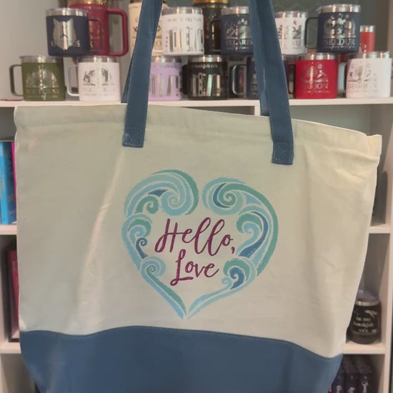 Two sided tote bag with Hello Love wave design on one side and The Ever design on the other, inspired by The Ever King series by LJ Andrews