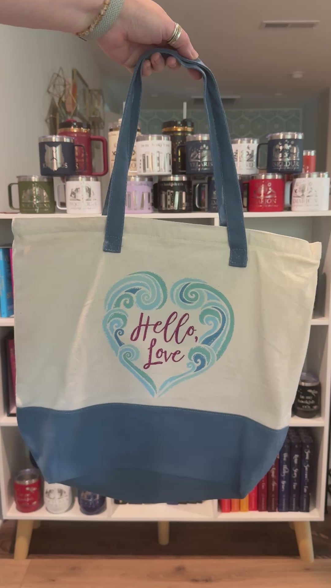 Two sided tote bag with Hello Love wave design on one side and The Ever design on the other, inspired by The Ever King series by LJ Andrews