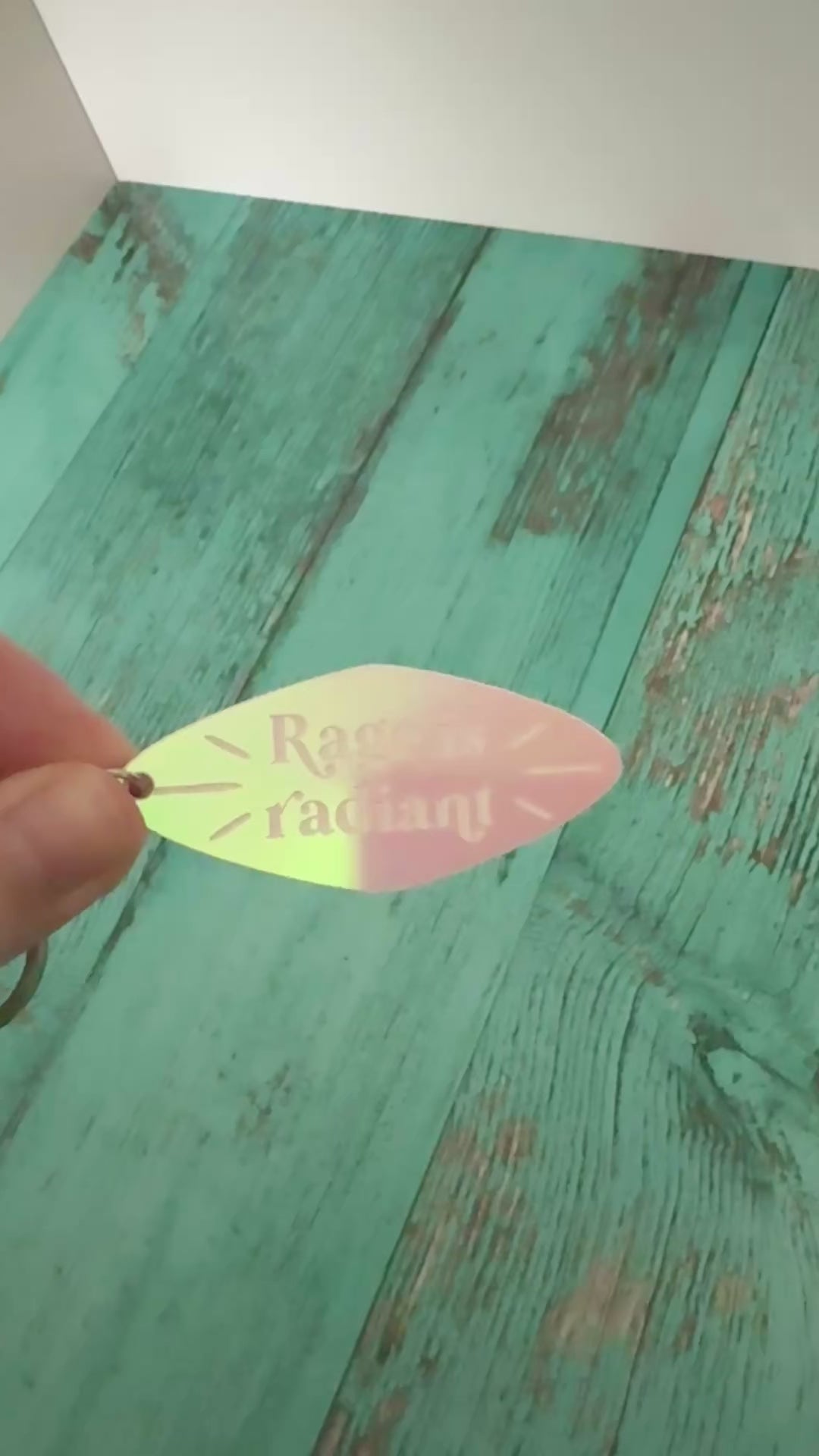 Rage is radiant handmade keychain pink iridescent acrylic