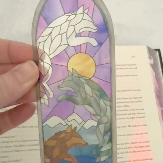 Dire Bound stained glass style bookmark on an open book