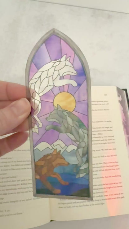 Dire Bound stained glass style bookmark on an open book