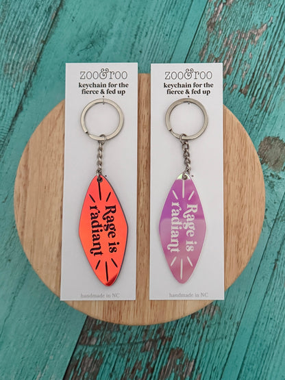 Rage is radiant handmade iridescent keychains in packaging by zoo&roo
