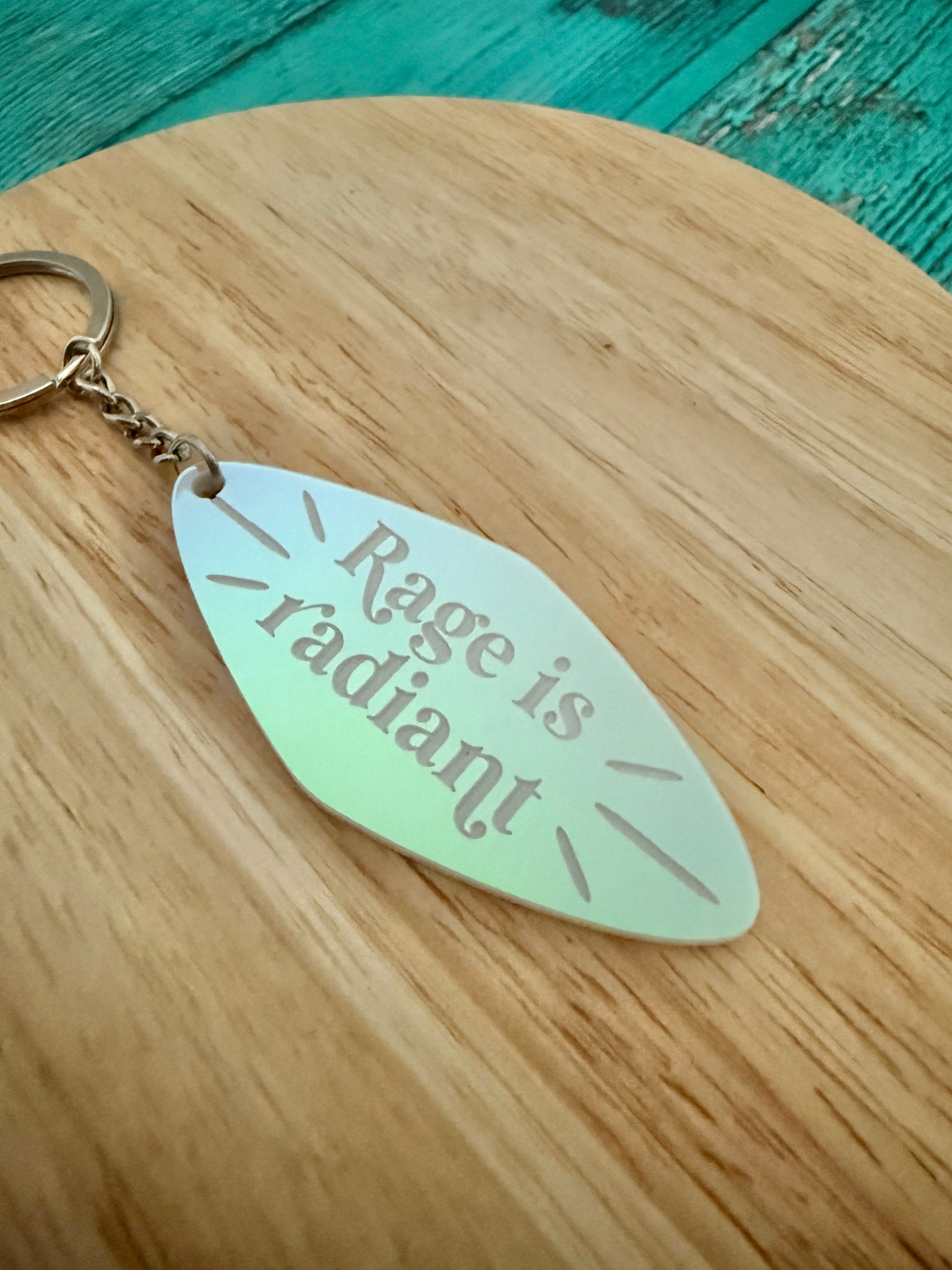 Rage is radiant handmade keychain pink iridescent acrylic